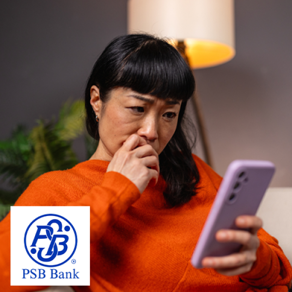Woman on couch looking at her smartphone in concern
