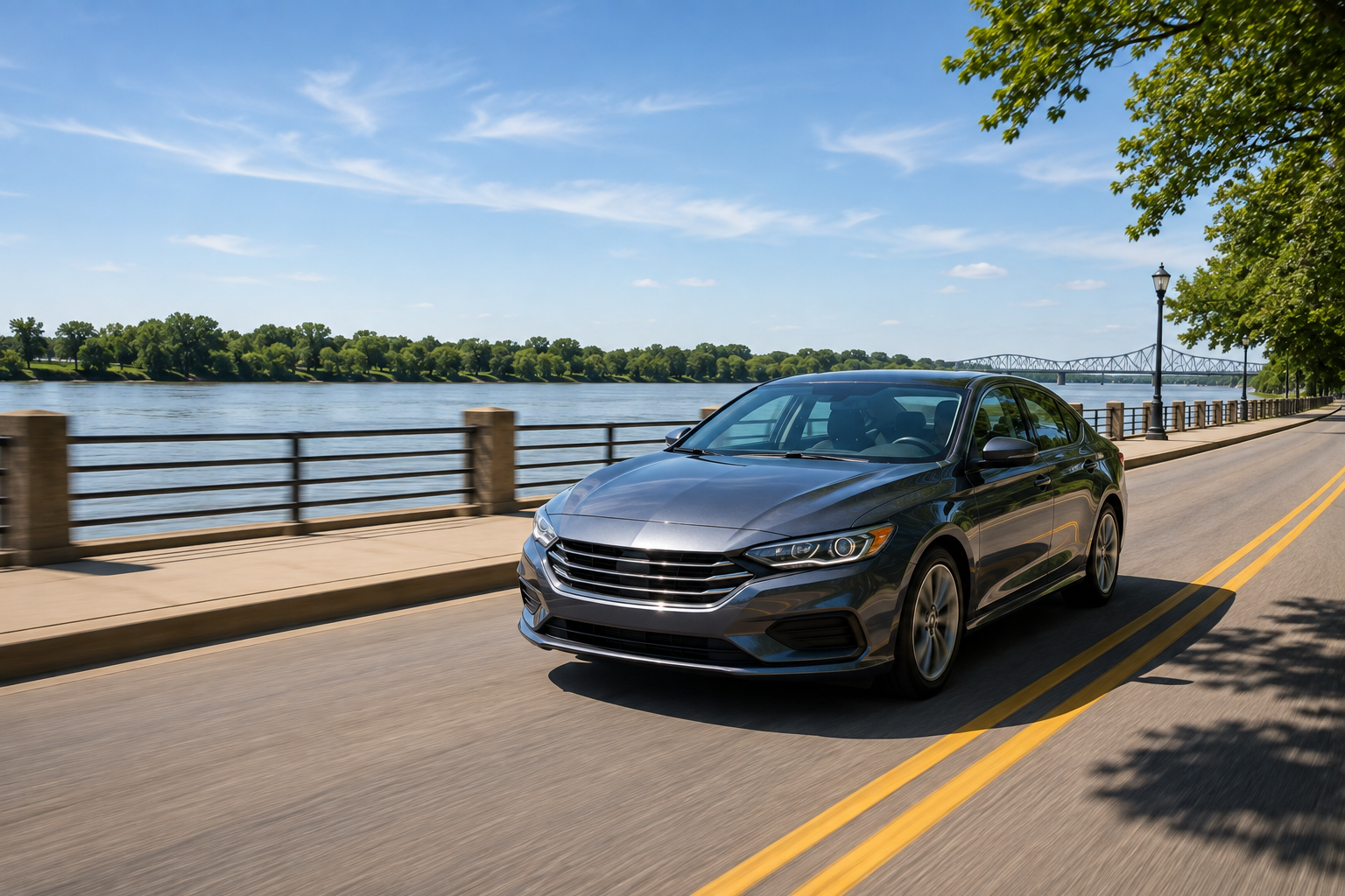 Gray sedan driving along a riverside road with the Missouri River and a bridge in the background.